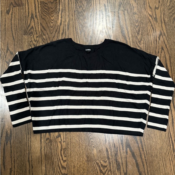 Express Wide Cropped Sweater - Black with Cream Stripes - Picture 1 of 3